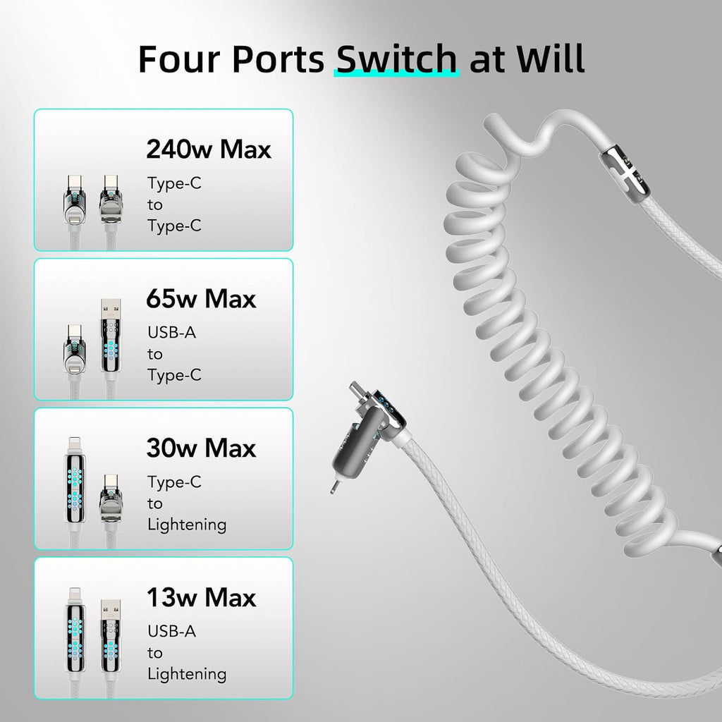 4 in 1 USB C Charging Cable, 6.6FT Coiled Fast Charging Cable 240W, USB A/C to USB C and Lightning Cable for Iphone 17/16/15, Ipad, Macbook Pro/Air, Laptop, Android, Car Travel Cord