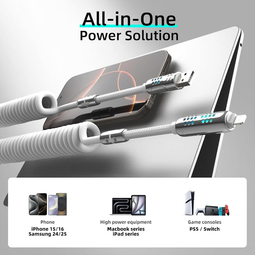 4 in 1 USB C Charging Cable, 6.6FT Coiled Fast Charging Cable 240W, USB A/C to USB C and Lightning Cable for Iphone 17/16/15, Ipad, Macbook Pro/Air, Laptop, Android, Car Travel Cord