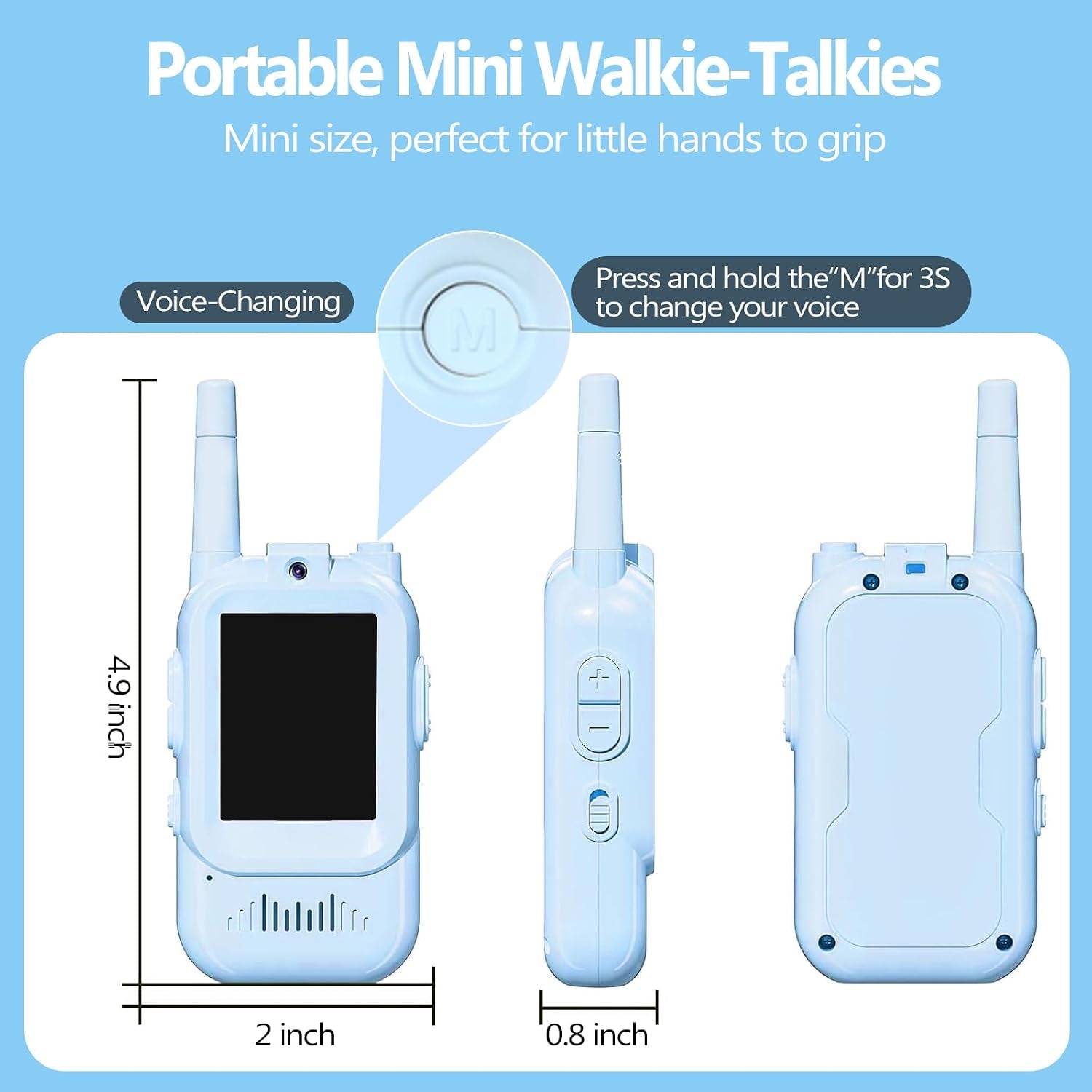Video Walkie Talkies for Kids, Rechargeable Kids Walkies Talkies 2 Pack, Indoor Outdoor Toys for Game Party Camping, Christmas Birthday for Aged 3 4 5 6 7 8 9 Girls Boys,Blue&Blue